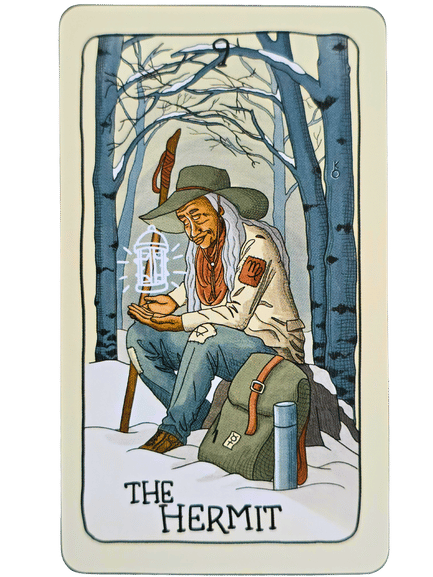 A tarot card from the Fifth Spirit Tarot titled The Hermit shows an elderly person with long gray hair, sitting in a snowy forest and holding a glowing lantern. They wear a hat, cloak, and boots, with a walking stick and backpack beside them.