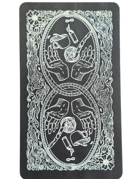 A tarot card back inspired by the Fifth Spirit Tarot, with intricate white line art on black—mirrored hands, a snake forming two ovals, flowers, flames, a candle, and a crystal—all creating a symmetrical, mystical design.