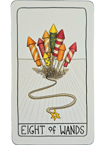 A tarot card from the Fifth Spirit Tarot labeled Eight of Wands shows eight colorful fireworks with stripes and dots, gathered together on the ground. A fuse leads to the foreground, ending with a yellow star.