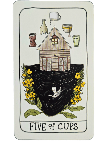 An illustrated tarot card from the Fifth Spirit Tarot labeled Five of Cups shows a house sinking into dark water, with five cups and vessels above it, surrounded by yellow flowers and green leaves.