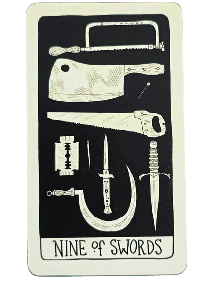 A tarot card from the Fifth Spirit Tarot, labeled Nine of Swords, displays various sharp objects—saw, cleaver, straight razor, knife, dagger, sickle, and pin—all arranged on a black background.
