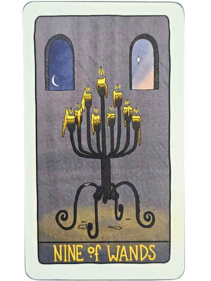 A tarot card from the Fifth Spirit Tarot, labeled Nine of Wands, shows a black candelabrum with nine lit candles in a stone room. Two arched windows reveal a crescent moon and a star in a twilight sky.