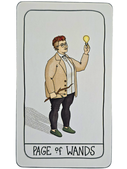 An illustrated Fifth Spirit Tarot card labeled Page of Wands shows a person in glasses holding a glowing lightbulb in one hand and a wooden wand in the other, wearing a beige jacket, dark pants, and green shoes.