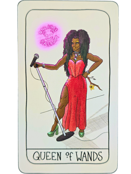 A tarot card from the Fifth Spirit Tarot titled Queen of Wands shows a confident woman in a red dress holding a microphone. She stands on stage near a “Live at Ballroom” neon sign, with a yellow wand in her other hand.