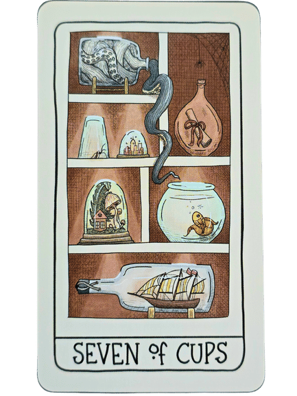A tarot card from the Fifth Spirit Tarot, labeled Seven of Cups, shows six shelves, each with a cup displaying different objects: a snake, a castle, a dragon, a boat in a bottle, a house, and a goldfish in a bowl.