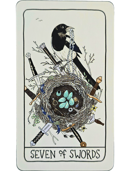 A tarot card from the Fifth Spirit Tarot, labeled Seven of Swords, shows a magpie perched on a nest with blue eggs, holding a pearl necklace. Seven swords pierce the nest, surrounded by twigs and small flowers.