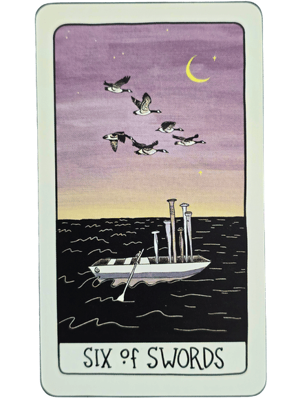 A tarot card from the Fifth Spirit Tarot, labeled Six of Swords, shows a small boat with six swords inside, drifting on dark water under a purple sky with a crescent moon, stars, and six birds flying in formation.