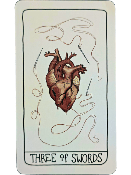An illustrated tarot card from the Fifth Spirit Tarot labeled Three of Swords shows a detailed human heart pierced and stitched by three needles with thread, symbolizing pain and healing.