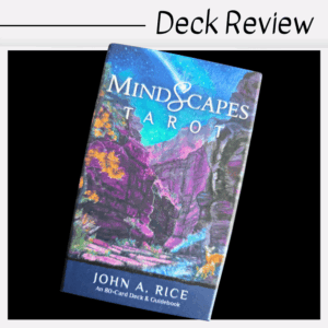 A box of Mindscapes Tarot by John A. Rice, featuring vibrant artwork of a rocky landscape under a starry night sky, is shown with the text Deck Review above it. Explore the magic within the Mindscapes Tarot deck.
