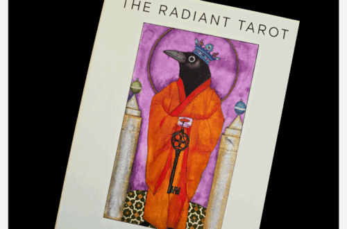 The Radiant Tarot: Pathway to Creativity features a crowned crow in orange robes on the cover, with authors Alexandra Eldridge and Tony Barnstone listed below the striking illustration.