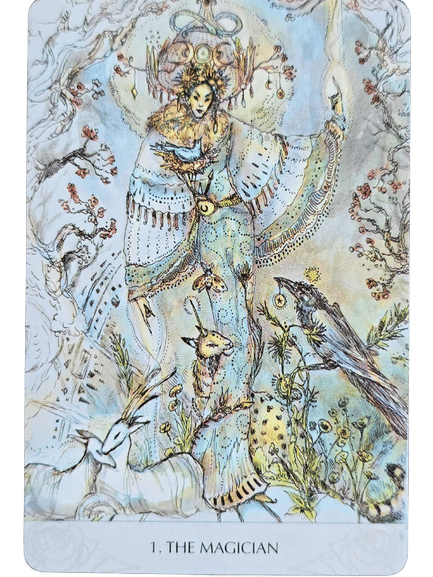 An illustrated Magicmakers Tarot card labeled 1, The Magician, shows a mystical figure in flowing robes with animals and plants surrounding them, exuding an aura of magic and nature.