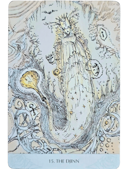 A mystical, ghostly figure with a crown floats amidst twisted branches and symbols from the Magicmakers Tarot. The figure appears ethereal and powerful. A glowing lantern hangs nearby. Text at the bottom reads, “15. THE DJINN.”.
