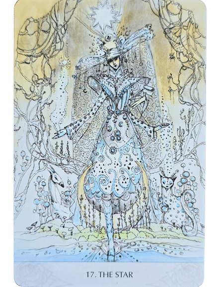 An ethereal figure in a detailed, patterned gown stands beneath a shining star, surrounded by whimsical plants and animals. Titled 17. THE STAR from the Magicmakers Tarot, soft yellow and blue tones create a dreamy, hopeful atmosphere.