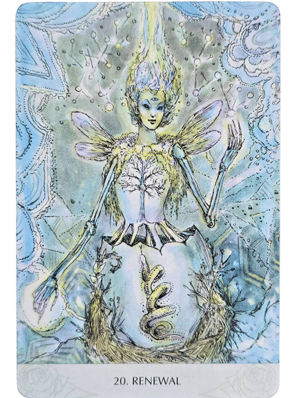 An ethereal, fairy-like figure with wings and glowing head stands in a mystical, blue-toned background. Floral and nature motifs adorn her body. At the bottom, the Magicmakers Tarot card is labeled 20. RENEWAL.