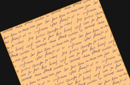 A tilted, handwritten page with cursive text appears on an orange background under a white header reading Exploring blue in black font. The repetitive writing hints at thoughts about blue, though the words are not clearly legible.