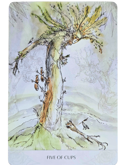 A whimsical, tree-like figure with a bowed head and leafy hair bends over five hanging cups. The pale background has faint, ethereal tree shapes. The card reads FIVE OF CUPS at the bottom, from the enchanting Magicmakers Tarot.