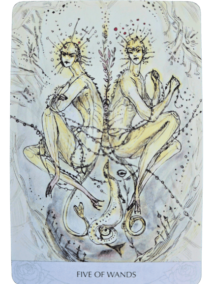 Two abstract, crowned figures sit back-to-back, surrounded by intertwining branches and floating shapes in this Magicmakers Tarot card. Their poses are tense, and the label reads Five of Wands on a pale, swirling background.