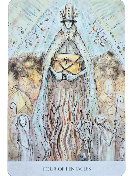 An ornate figure in elaborate robes and a tall crown holds a locked chest close to their chest. Two smaller, robed figures stand on either side, each holding a staff. The card reads Four of Pentacles from Magicmakers Tarot at the bottom.