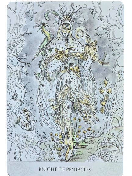 A delicate, ornate illustration of the Knight of Pentacles from the Magicmakers Tarot shows a figure in detailed robes with flowing patterns, holding a pentacle, surrounded by plants, small animals, and a green parrot on their shoulder.