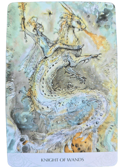 A tarot card titled Knight of Wands from the Magicmakers Tarot shows a knight in armor riding a fire-breathing dragon. The richly detailed scene, with swirling colors and mystical patterns, evokes a sense of action and adventure.