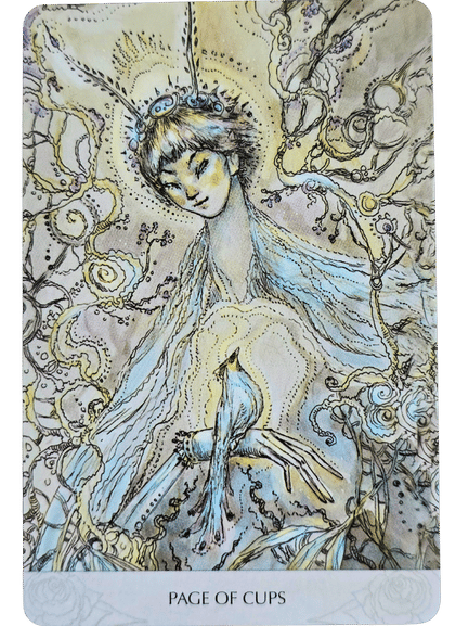 A dreamy, ethereal figure with closed eyes and a gentle smile is surrounded by swirling lines and patterns. A small bird perches near their chest. The card, from the Magicmakers Tarot, is labeled Page of Cups.