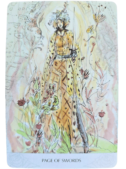 A Magicmakers Tarot interpretation, this Page of Swords illustration features a youthful figure with short hair, clad in a patterned yellow dress and holding an upright sword, amid abstract floral and leafy designs in soft pastel colors.