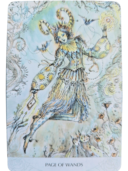 An illustrated tarot card from the Magicmakers Tarot labeled Page of Wands shows a whimsical figure in ornate, patterned clothing with horns on their head, surrounded by swirling patterns, plants, and small animals in soft pastel colors.