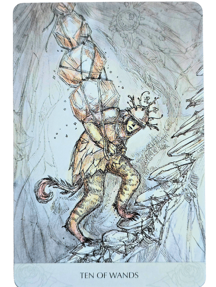 Illustration from the Magicmakers Tarot: a crowned, costumed figure struggles uphill under a heavy bundle of ten large wands. The background is abstract and sketch-like. Text at the bottom reads Ten of Wands.