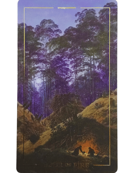 Two figures sit around a glowing campfire at dusk, surrounded by tall, shadowy trees and hills beneath a purple sky. The gold border frames the card, which reads Four of Fire at the bottom—part of the enchanting Folkloric Forest Tarot.