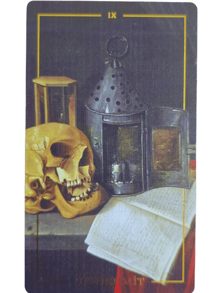 A Folkloric Forest Tarot card shows a human skull, a perforated metal lantern, an hourglass, and an open book with handwritten text, all arranged on a table. The Roman numeral IX appears at the top.