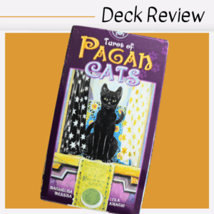 A tilted Tarot of Pagan Cats box, featuring an illustrated black cat sitting between starry curtains. The orange background makes the artwork pop. Text above reads, Tarot of Pagan Cats Deck Review.