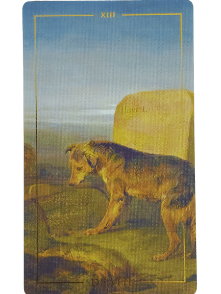 A tarot card from the Folkloric Forest Tarot labeled XIII shows a somber dog standing on grass near a large stone under a blue sky, conveying a mood of loss or reflection.