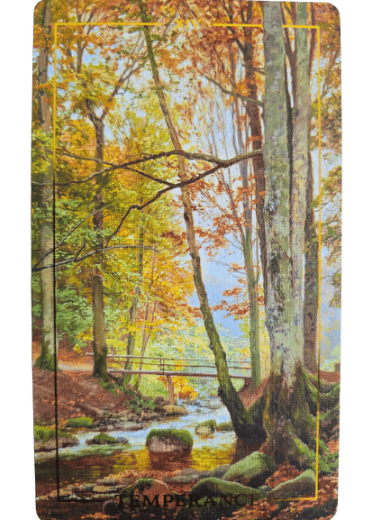 A folkloric forest scene in autumn with tall trees, colorful leaves, and a stream flowing over rocks. A small wooden bridge crosses the stream as soft sunlight filters through the branches, evoking a Folkloric Forest Tarot atmosphere.