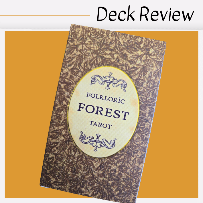 A box of the Folkloric Forest Tarot deck is shown against an orange background, highlighting the enchanting design. The words Deck Review appear in bold black text at the top right.