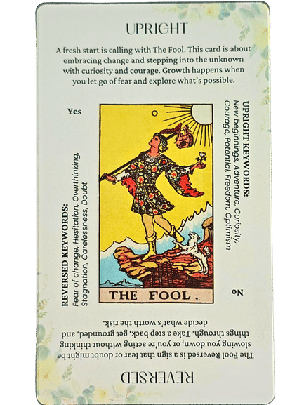 A tarot card featuring The Fool is displayed upright, alongside cards like the Star and Strength Tarot. The image shows a joyful figure with a small bag, a white dog, and a cliff edge. Surrounding text explains meanings and keywords for interpretation.