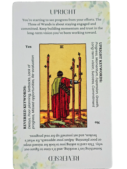 A tarot card, the Three of Wands, is shown upright. The illustration, reminiscent of the Star and Strength Tarot style, depicts a person in a red cloak facing mountains and water, holding one of three wands. Upright and reversed keywords appear on the border.