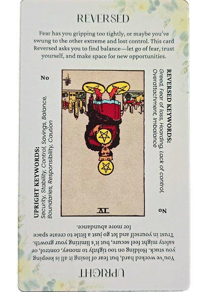 A tarot card from the Star and Strength Tarot deck depicts the Four of Pentacles reversed, showing a figure holding pentacles. The card features keywords and insights about fear, balance, control, and new opportunities.