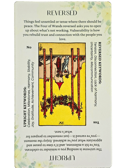 A tarot card from the Star and Strength Tarot shows the Four of Wands in reverse, with explanations highlighting tension, breakdown of harmony, uncertainty, and miscommunication. The upright card image appears upside down in the center.