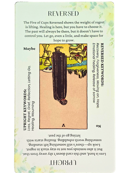 A tarot card featuring the Five of Cups reversed, illustrated in the Star and Strength Tarot style. The figure in a dark cloak stands by spilled cups, with two upright cups behind. Text explains its reversed meaning: hope, healing, and release of regret.