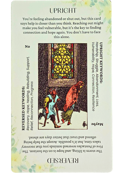 A tarot card shows two weary figures walking past a church window with five pentacles, echoing themes from the Star and Strength Tarot. The card is labeled Upright, with keywords and interpretations for both upright and reversed meanings around its borders.