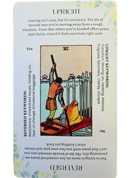 A tarot card shows a person rowing a boat with two passengers across water toward land. Reminiscent of the Star and Strength Tarot, the card is labeled Upright and Reversed, with keywords and meanings printed around the illustration.