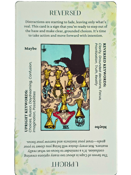 A tarot card titled REVERSED from the Star and Strength Tarot shows seven golden cups filled with various items. The card includes keywords like Clarity, Overwhelmed choices, Focus, plus upright and reversed interpretations.