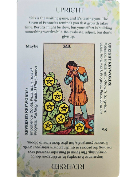 A tarot card labeled Seven of Pentacles features a person leaning on a tool, gazing at pentacles growing on a bush. Text surrounds the image, offering advice and keywords as seen in Star and Strength Tarot card guides.
