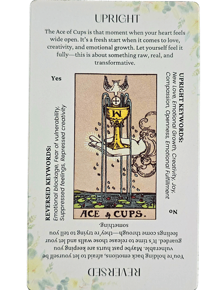 A tarot card titled Ace of Cups is shown upright with water overflowing from a cup held by a hand emerging from clouds. Inspired by Star and Strength Tarot, the card includes keywords and explanations for upright and reversed meanings along the sides.