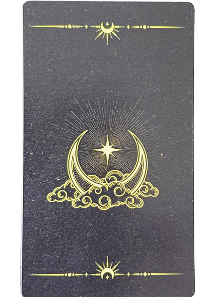 A Star and Strength Tarot card with a black background and gold design features a crescent moon, a star, and swirling clouds in the center. Decorative sun and moon symbols adorn the top and bottom.