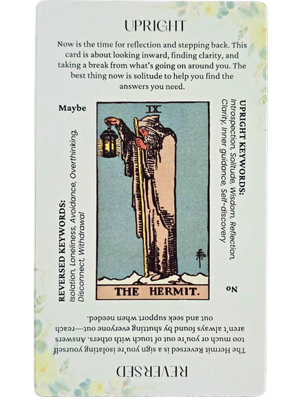 A tarot card titled The Hermit features an old man in a cloak holding a lantern and staff. Like the Star and Strength Tarot cards, The Hermit upright emphasizes introspection, solitude, and guidance, with keywords and explanations surrounding the image.