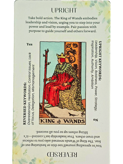 A tarot card labeled King of Wands shows a crowned man in red robes holding a wand, sitting on a throne decorated with salamanders. Like the Star and Strength Tarot cards, it includes upright and reversed meanings with keywords and descriptions.