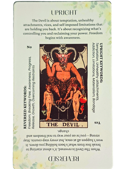 A tarot card featuring The Devil illustration, with two chained figures below a horned, winged creature. Set on a floral background, it displays upright and reversed meanings alongside keywords from the Star and Strength Tarot themes.