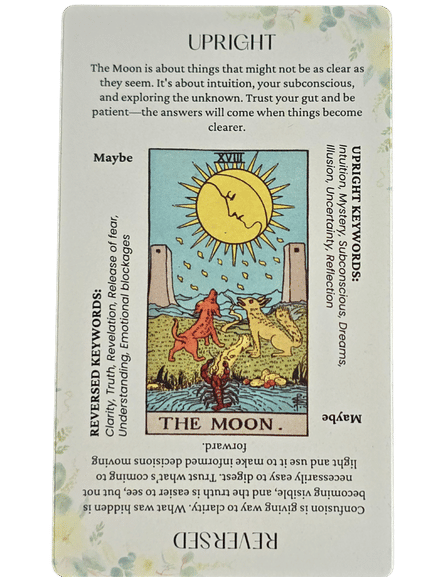 A tarot card called The Moon is shown upright in the center, with two animals howling at the moon. Framing the card are explanations of its meanings, keywords like those found in Star and Strength Tarot, and the word Maybe on each side.